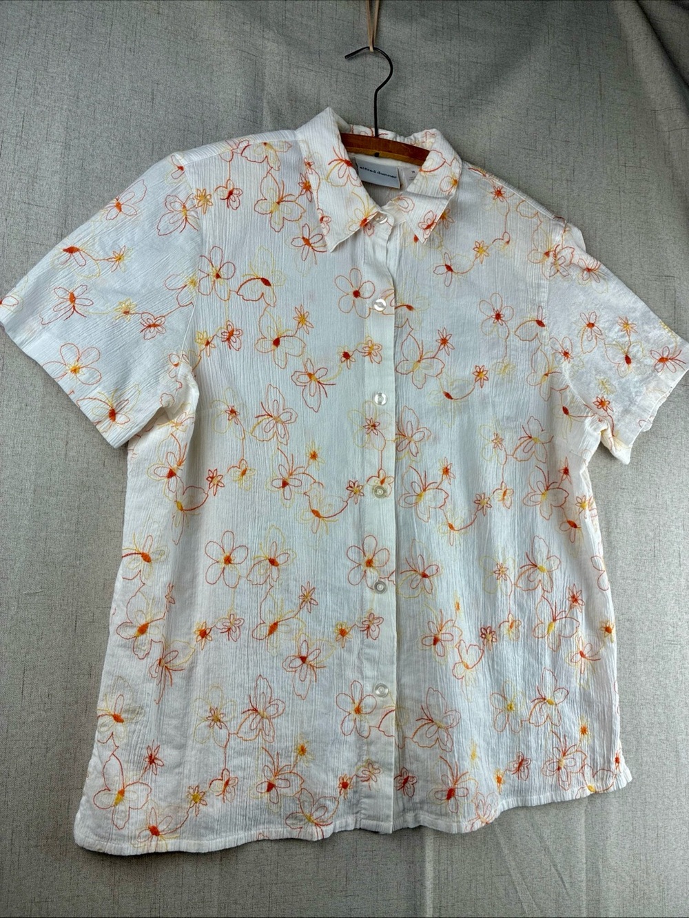 Vtg Embroidered Cottagecore White Cotton Gauzy Top  Floral Yellow Orange 14 XL